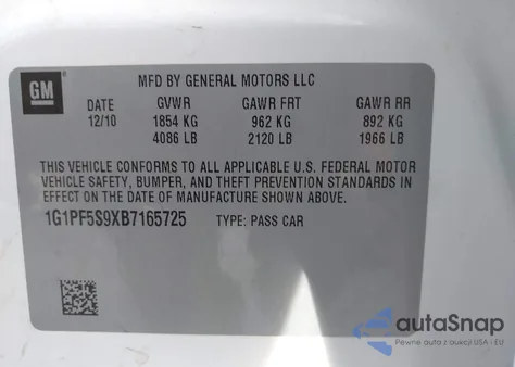 2011 Chevrolet Cruze 1Lt z USA, uszkodzony, nr VIN 1G1PF5S9XB7165725